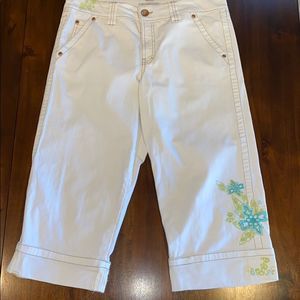 Jeanstar White Denim Capri Pants with Aqua And Green Embroidered Floral Design